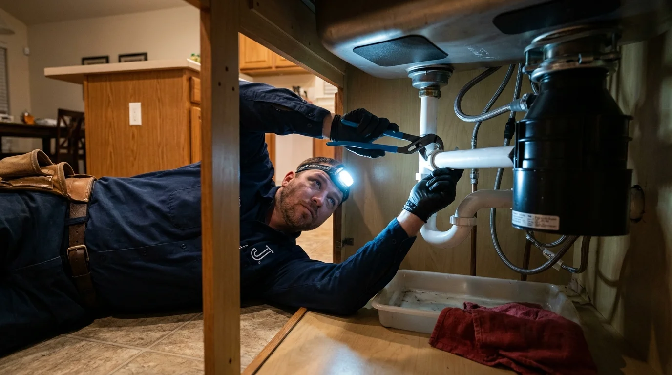 P-trap and supply line connections under a kitchen sink showing a common leak point in Coram, NY